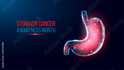 Stomach cancer awareness month. Wireframe low poly style. Concept for medical, treatment of the digestive system. Abstract modern 3d vector illustration on dark blue background.