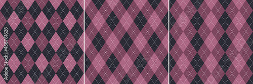 Argyle pattern set in pink purple. Geometric stitched background vector print for spring autumn winter socks, sweater, jumper, gift paper, scrapbooking, other modern paper or textile design.