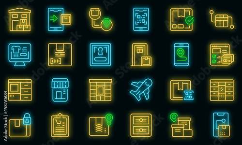 Self-service parcel delivery icons set outline vector. Automat locker. Parcel station
