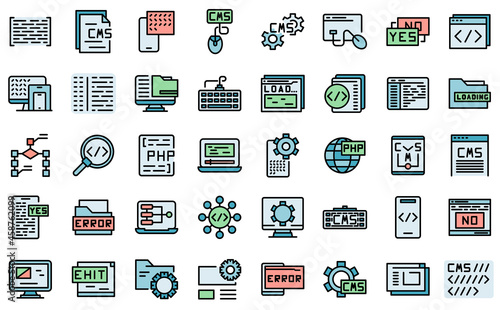 Cms development icons set outline vector. Data code. Design application