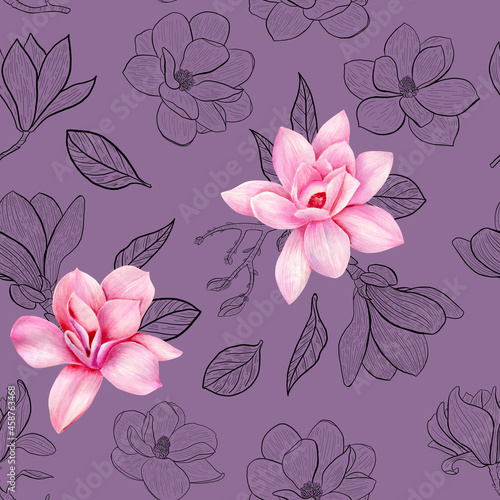 Watercolor seamless pattern with pink magnolia flowers on purple background