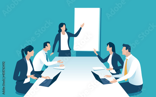 School, education, learning. Business illustration. The business team listens to the teacher. 