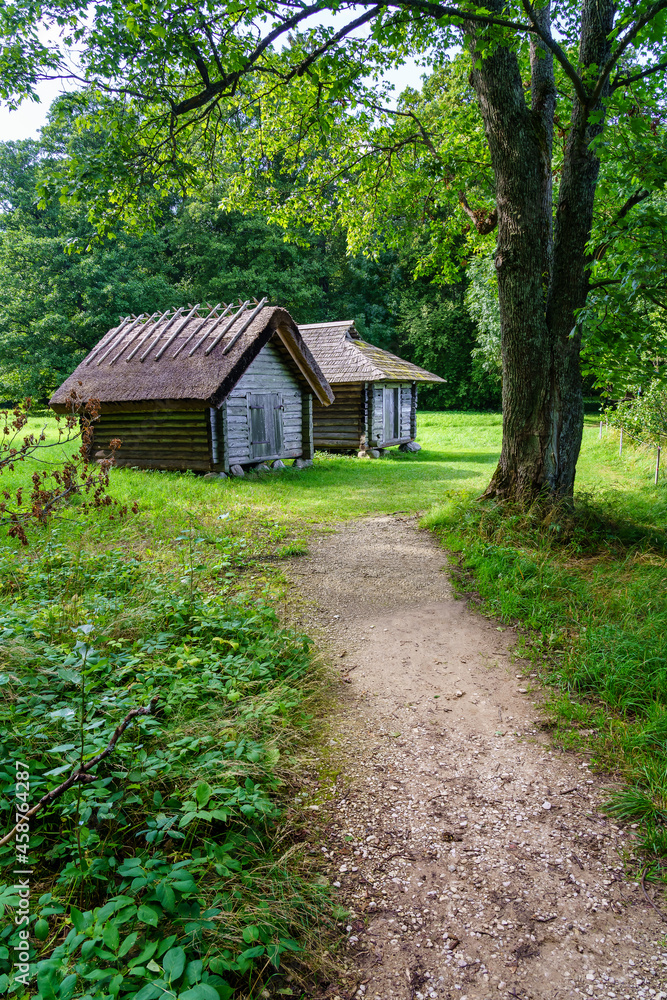 Small wooden houses in the forest with a dirt driveway. Small wooden houses in the forest with a dirt driveway.