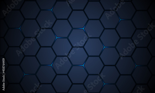 Dark blue hexagonal pattern technology vector abstract background. Blue bright energy flashes under hexagon in modern technology futuristic background vector illustration. Dark honeycomb texture grid.