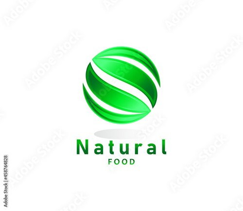 Organic and Natural food logo design template with modern style, two leaves concept in circular shaped