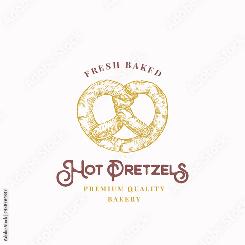 Fresh Baked Pretzels Abstract Sign, Symbol or Logo Template. Hand Drawn Bagel and Typography. Local Bakery Vector Emblem Concept. Isolated