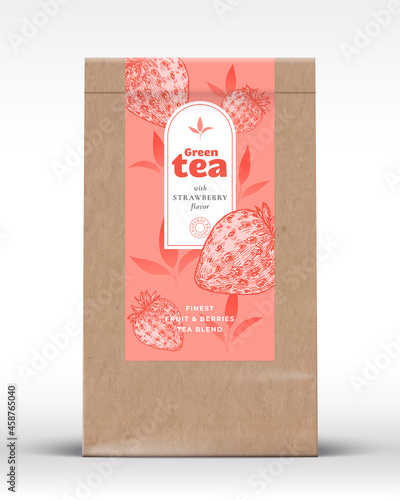 Craft Paper Bag with Fruit and Berries Tea Label. Realistic Vector Pouch Packaging Design Layout. Modern Typography, Hand Drawn Strawberry and Leaves Silhouettes Background Mockup. Isolated