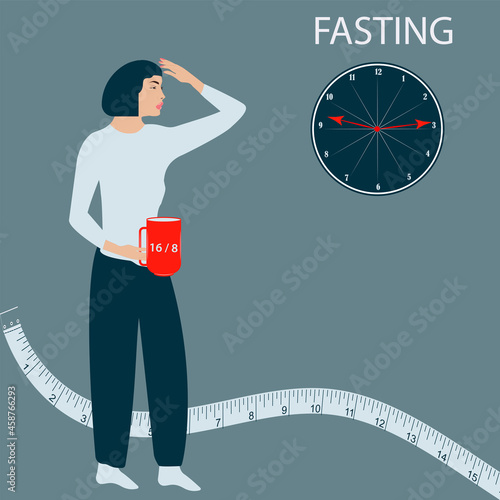 The girl with a mug in her hand looks at the clock. Diet concept -16 by 8, measuring tape - vector. Intermittent fasting.
