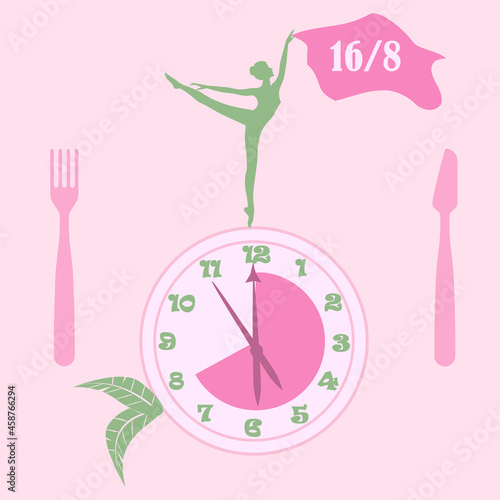 Diet concept -16 to 8 - fasting, gymnast, clock, fork, knife - vector. Intermittent fasting