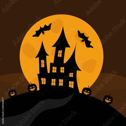 Ghost castle on the background of the full moon. Halloween holiday. Pumpkins and bats. Horror background. Create a postcard, poster, or flyer. Illustration in orange and black colors.