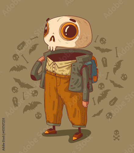 Young schoolboy skeleton with a backpack against a background of Halloween symbols