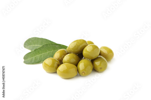 Green olives isolated on a white background.