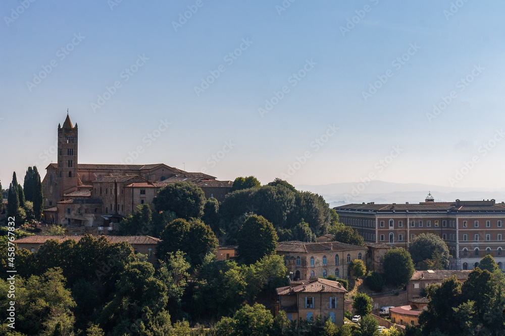 High angle view of the city of Siena and tuscan hills. Daylight. Copy space