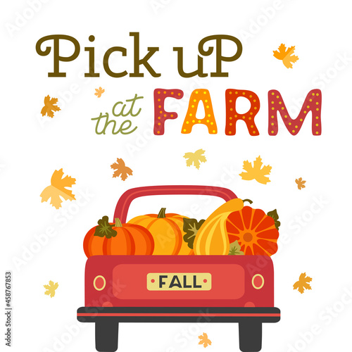 Pick up pumpkins at Farm flat color vector banner. Fall season pumpkin patches cartoon design element. Autumn vegetables harvest background. Pumpkin picking Festival Market fun template illustration.