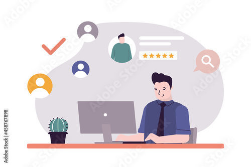 Employeе posts resume to find job. Man search work through website. Posting summary in computer web page. Recruitment staff and cv resume concept