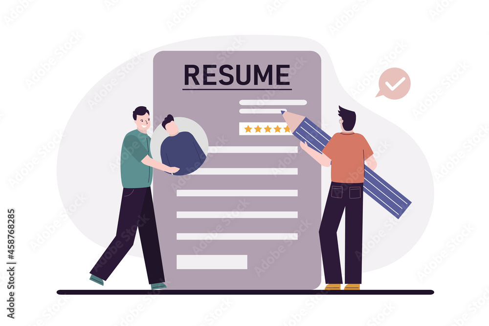 Obraz premium Male employeеs make resume to find job. Cartoon men searching for work. Draft document and summary. Recruitment business staff and cv resume concept