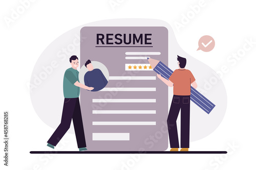 Male employeеs make resume to find job. Cartoon men searching for work. Draft document and summary. Recruitment business staff and cv resume concept