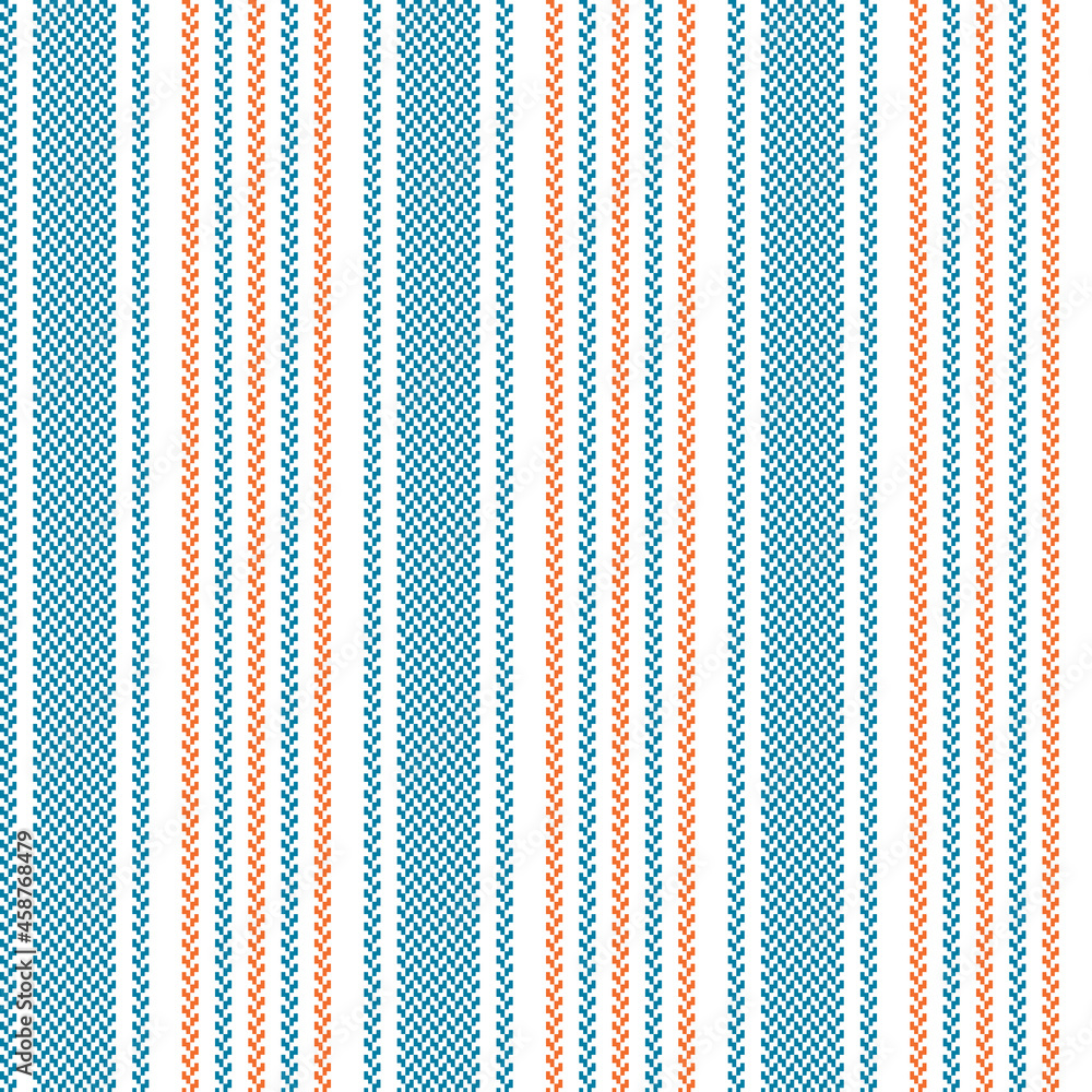 Stripe pattern in bright blue, orange, white. Herringbone textured vertical stripes background vector for shirt, dress, jacket, skirt, shorts, other modern spring summer autumn fashion fabric design.