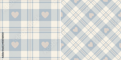 Check plaid pattern with hearts for Valentines Day prints. Seamless tartan vector for flannel shirt, skirt, scarf, blanket, duvet cover, other modern spring summer autumn winter fabric design.