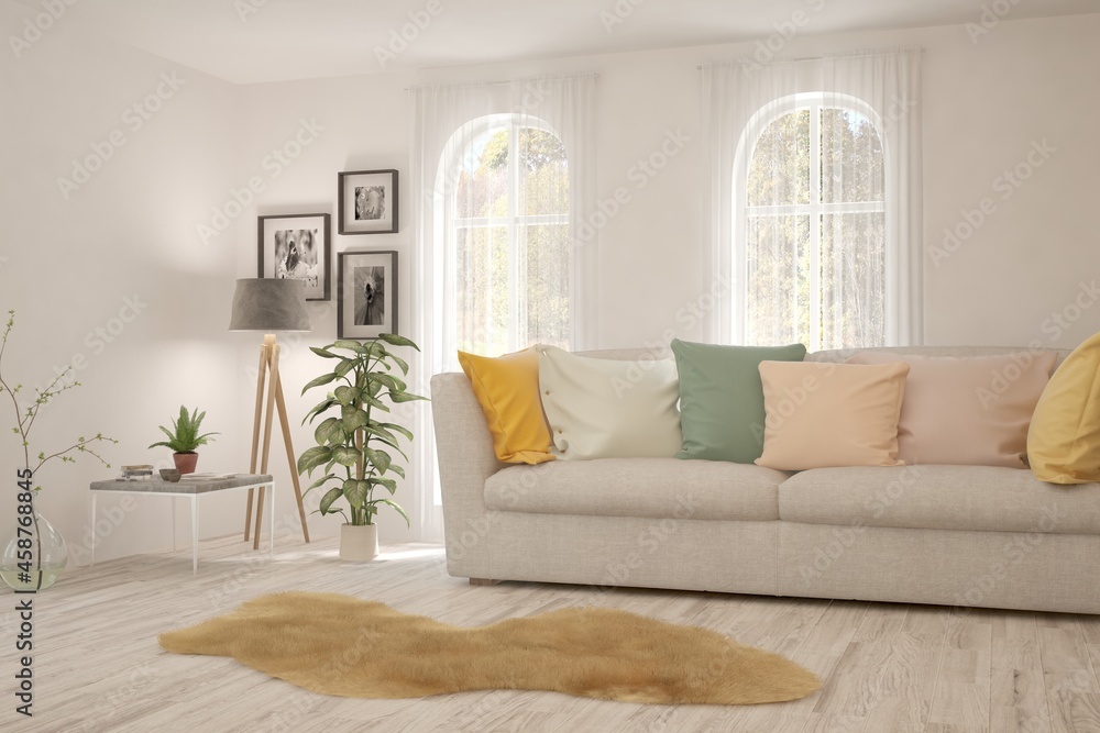 Fototapeta premium White living room with sofa. Scandinavian interior design. 3D illustration