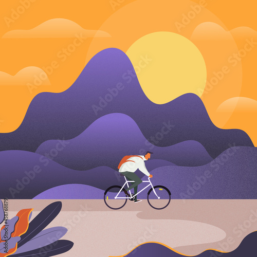 Man riding a bicycle near hill illustration cartoon vector