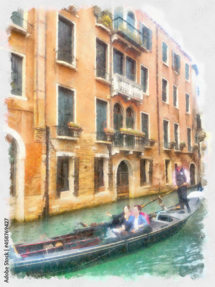 Italy. Venice. View to the gondola and Ancient architecture building. Watercolor drawing illustration