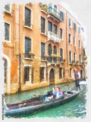 Italy. Venice. View to the gondola and Ancient architecture building. Watercolor drawing illustration