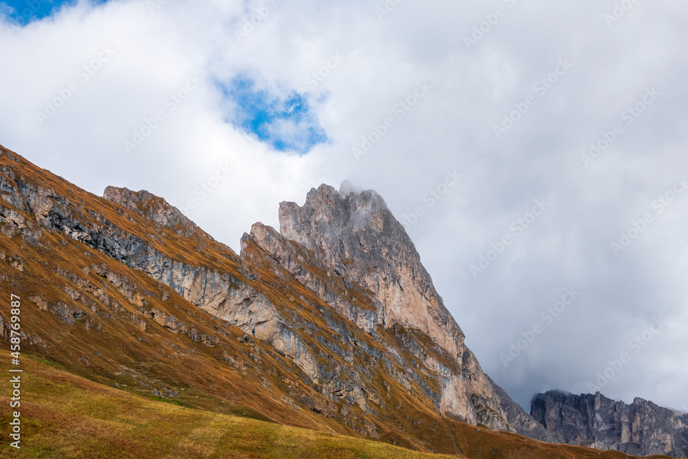 Beautiful panorama of Mount Seceda and Odle, surrounded by magnificent mountain ranges near the town of Ortisei in the Dolomites, Val Gardena, South Tyrol Beautiful panorama of Mount Seceda and Odle, surrounded by magnificent mountain ranges near the town of Ortisei in the Dolomites, Val Gardena, South Tyrol