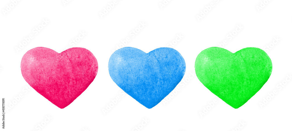 Colorful isolated watercolor hearts set.