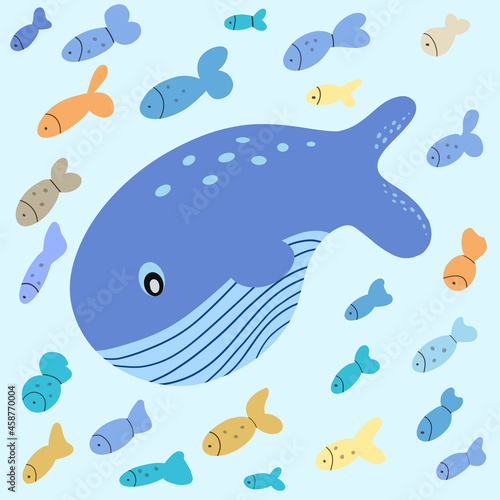 Whale or sperm whale surrounded by colored fish on a blue background. Flat cartoon illustration.