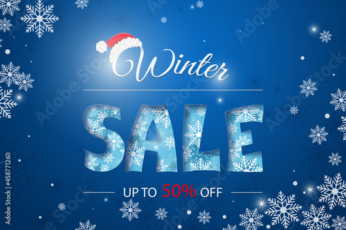 Winter sale poster, banner with swirling snowflakes on a dark blue background. Vector