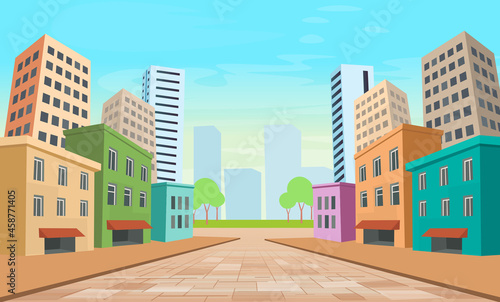 Perspective street of the city with houses facades panoramic view. Colored cityscape.