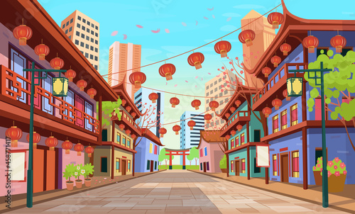 Panorama chinese street with old houses, chinese arch, lanterns and a garland. Vector illustration of city street in cartoon style.