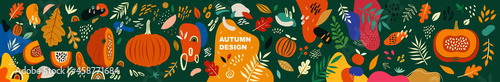 Big autumn collection with pumpkins and leaves	