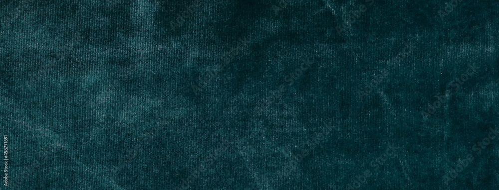 Velvet texture green color banner. Fabric background. Copy space. Template.