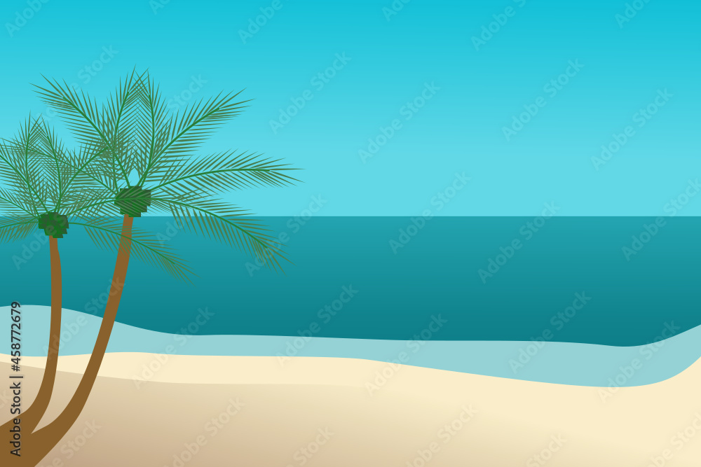 Fototapeta premium Vacation background. Beach with palm trees and blue sea. Vector. 