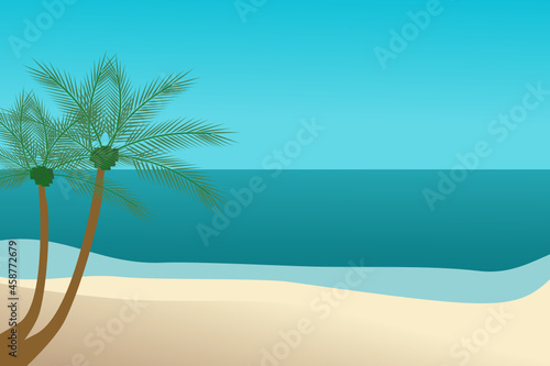 Vacation background. Beach with palm trees and blue sea. Vector. 
