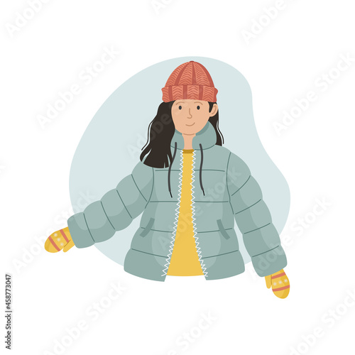 Vector illustration of a girl in a winter sintepon jacket and a knitted hat. Winter clothin