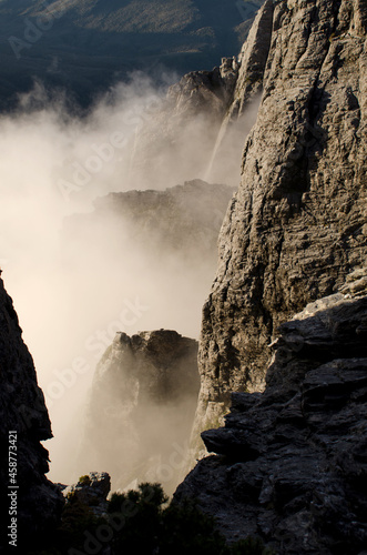 Vertical shot of a cliff face hidden in mist photo