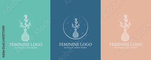 Hand drawn feminine woman beauty minimal face and floral botanical logo template for makeup spa salon skin & hair care line art portrait vector printable illustration design