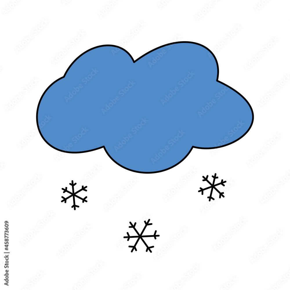 Dark blue cloud with falling snowflakes contour isolated vector illustration in colored doodle style. Snow cold weather forecast icon or logo design element. Winter season clip art object. Dark blue cloud with falling snowflakes contour isolated vector illustration in colored doodle style. Snow cold weather forecast icon or logo design element. Winter season clip art object.