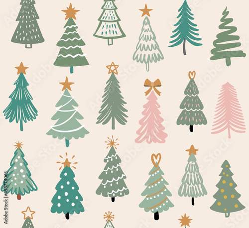 Seamless pattern with Christmas trees. Hand drawing winter fir tree. New year symbol