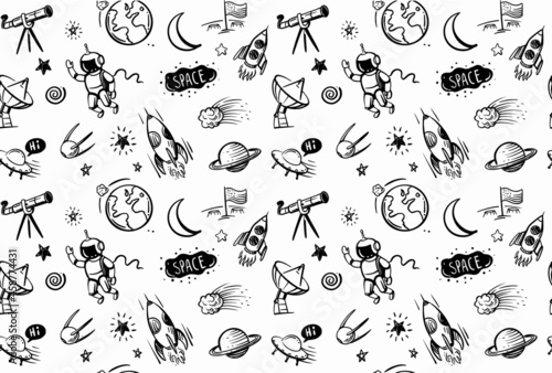 Seamless pattern with doodles cartoon set of space