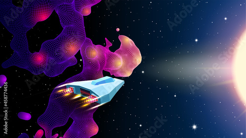 Arcade space ship flying near the blue nebula or space cloud in space landscape. 80s style sci-fi synthwave or retrowave illustration for music banner or cover.