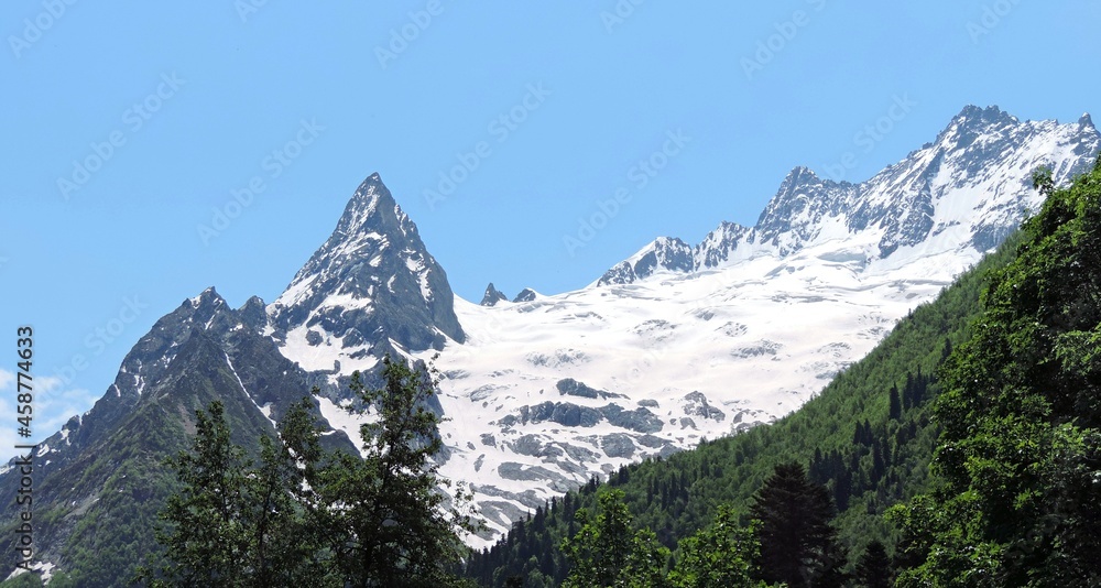 Mountain landscape in summer. Snow-capped peaks, green forest, clear blue sky.