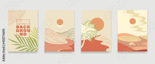 Vector set of abstract wall posters. Background with line wave. Mountain layout design in oriental style. Abstract design for printing, minimalistic and natural wall art, storis for social networks.