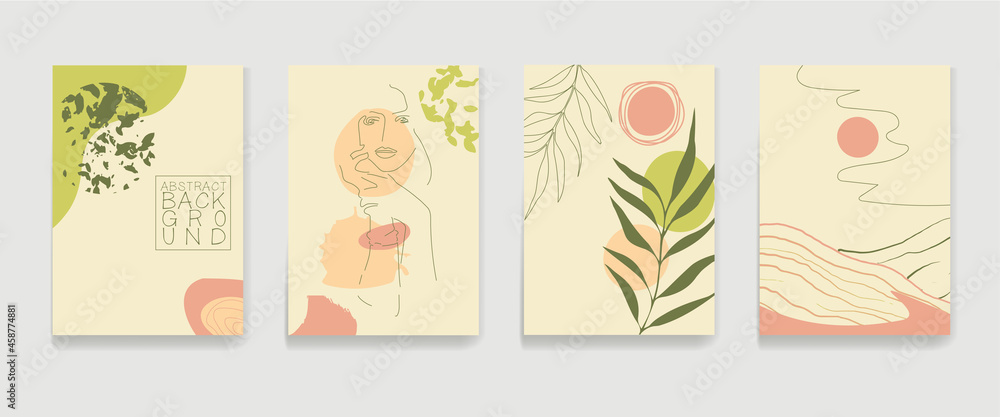 Vector set of abstract wall posters. Drawing a line of foliage, a girl in one line, shapeless spots. Abstract design for printing, cover art, minimalistic wall art, storis for social networks.