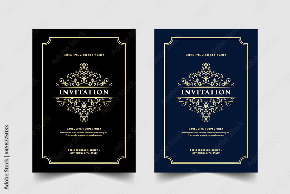 Black white and gold Vintage royal and luxury set of invitation card for wedding anniversary birthday party celebration floral swirl ornamental decorative vector printable template  
