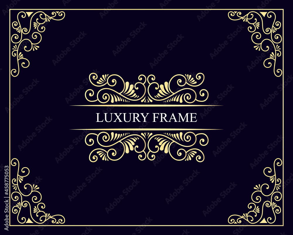 Golden Vintage logo with elegant flourishes line art frame graceful ornaments victorian style for card and text decoration vector template design