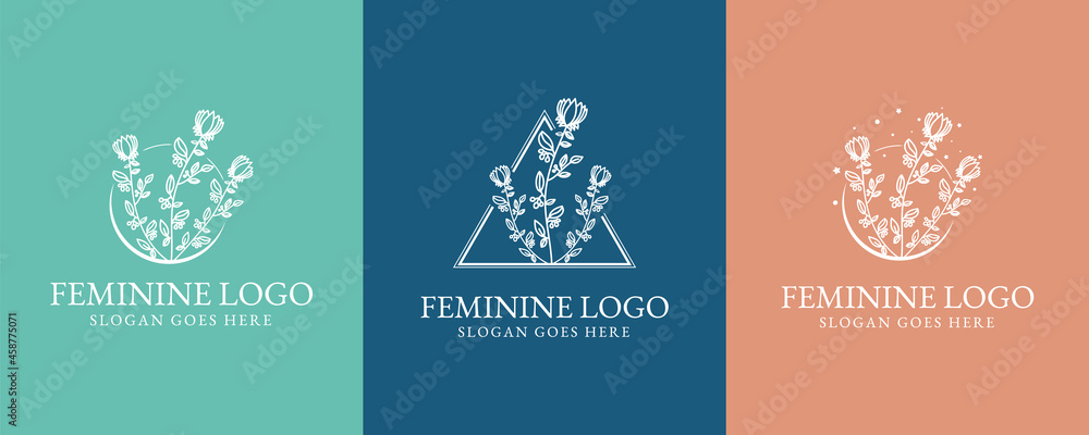 Fototapeta premium Botanical Hand Drawn collection Logo with Wild Flower and Leaves. Logo for spa and beauty salon, boutique, organic shop, wedding, floral designer, interior, photography, cosmetic. vector illustration